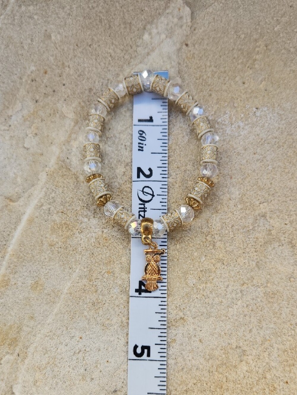 Deatiled Beaded Bracelet Set Gold Toned Metal Owl Heart Dangles Opaque White - Picture 10 of 12